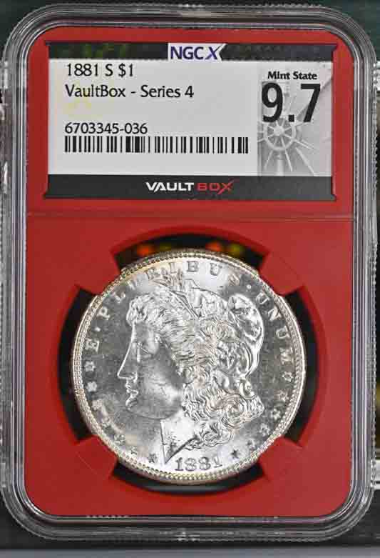 1881-S $1 Morgan Silver Dollar NGCX Mint State 9.7 Vaultbox Series 4