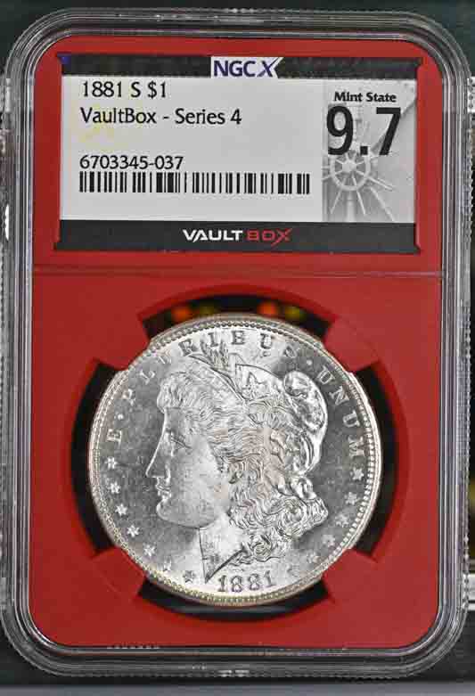 1881-S $1 Morgan Silver Dollar NGCX Mint State 9.7 Vaultbox Series 4