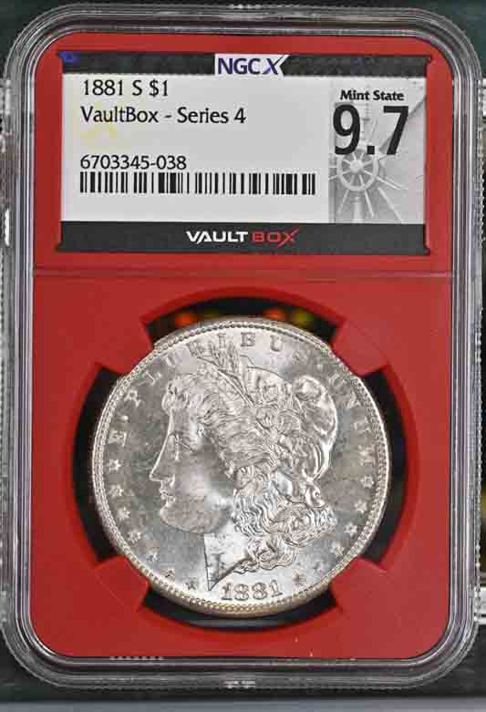 1881-S $1 Morgan Silver Dollar NGCX Mint State 9.7 Vaultbox Series 4
