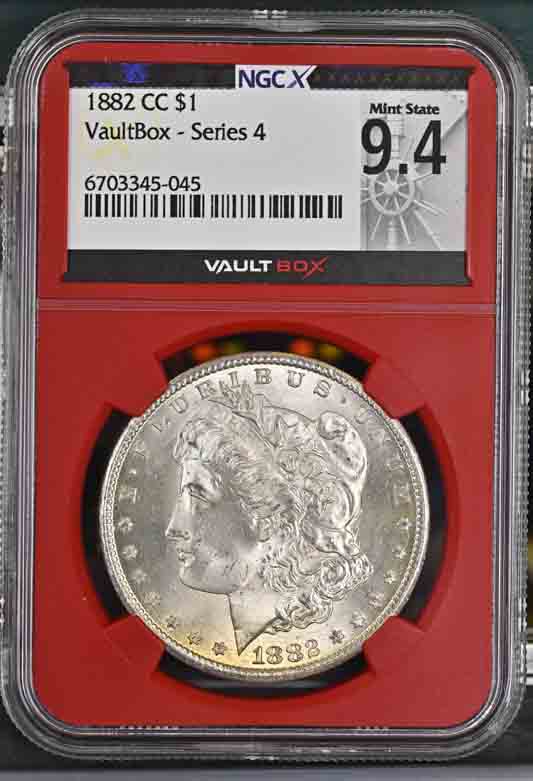 1882-CC $1 Morgan Silver Dollar NGCX Mint State 9.4 Vaultbox Series 4