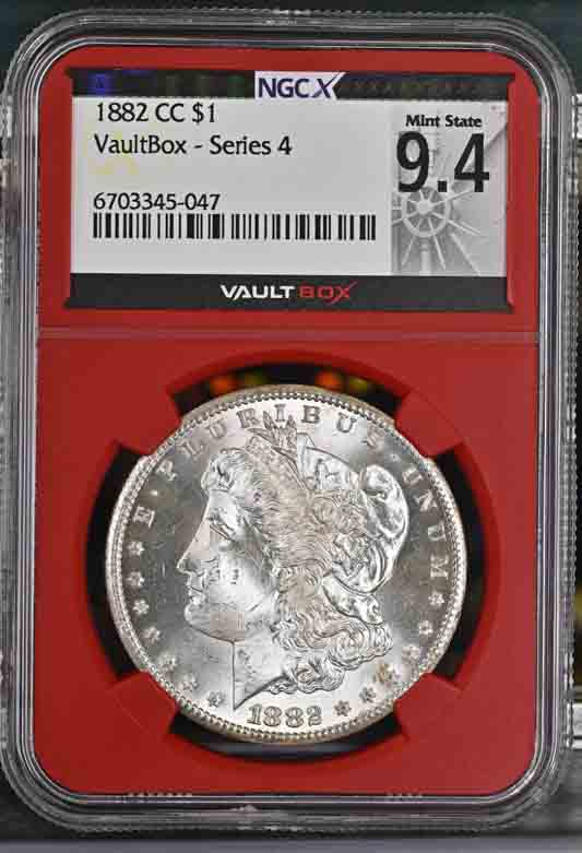 1882-CC $1 Morgan Silver Dollar NGCX Mint State 9.4 Vaultbox Series 4