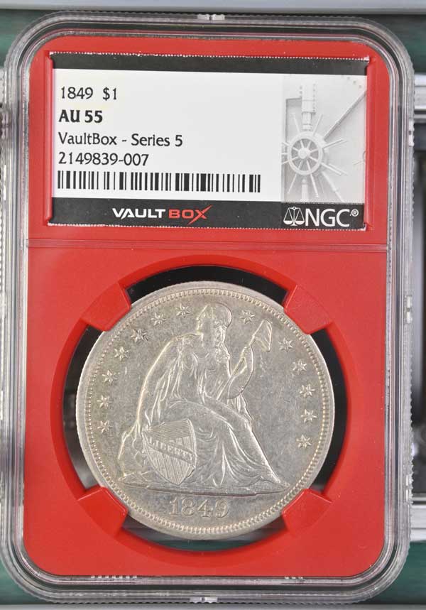 1849 $1 Seated Liberty Silver Dollar NGC AU55 - Series 5