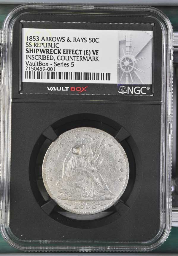 1853 Arrows & Rays Inscribed Countermark SS Republic Seated Liberty Half Dollar NGC Shipwreck Effect (E) - Series 5