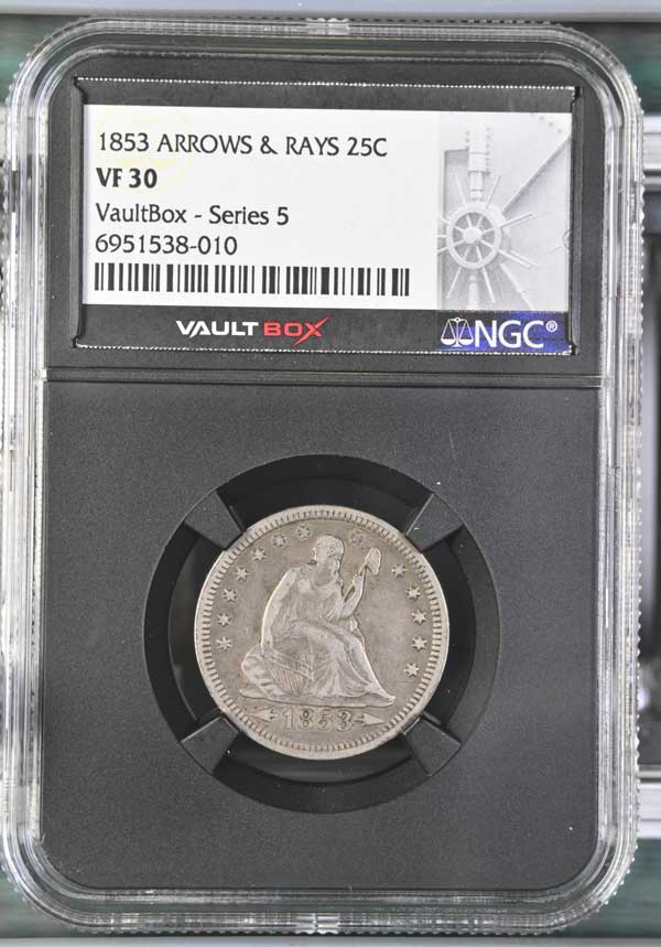 1853 Arrows & Rays Seated Liberty Quarter NGC VF30 - Series 5