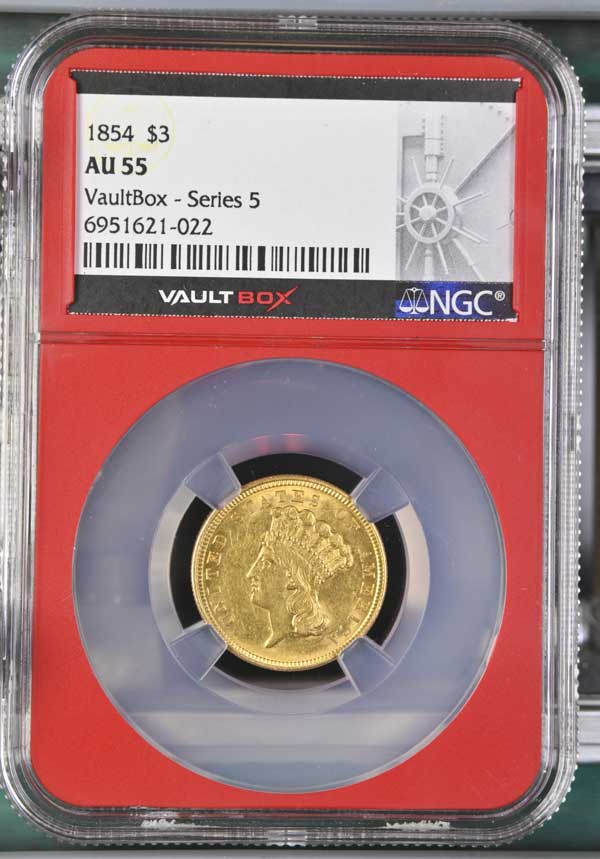 1854 $3 Indian Princess Head Gold NGC AU55 - Series 5