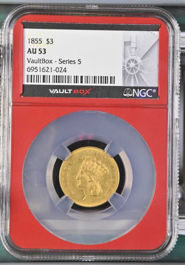 1855 $3 Indian Princess Head Gold NGC AU53 - Series 5