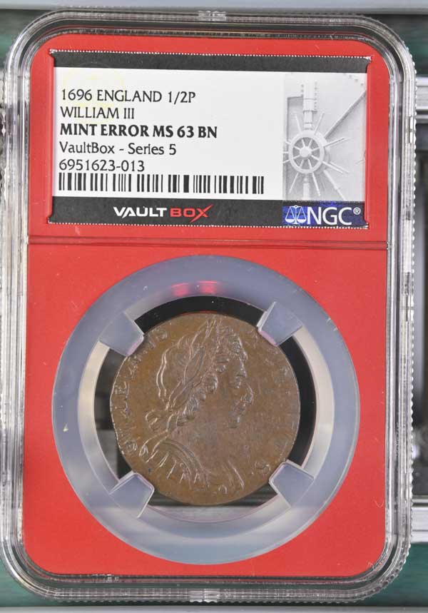 1696 England William III Colonial Half Pence Mint Error MS63BN - Series 5
