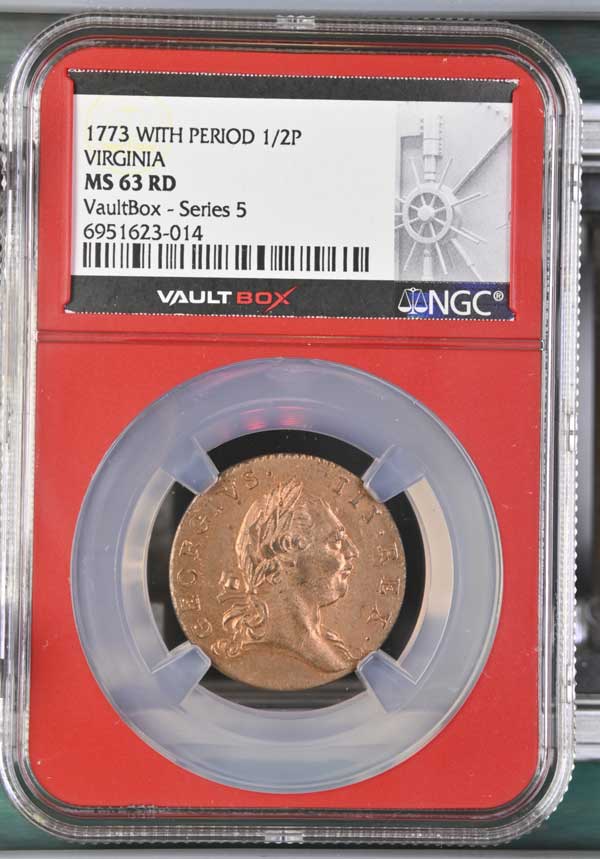 1773 with Period Virgnia Colonial Half Pence NGC MS63RD - Series 5