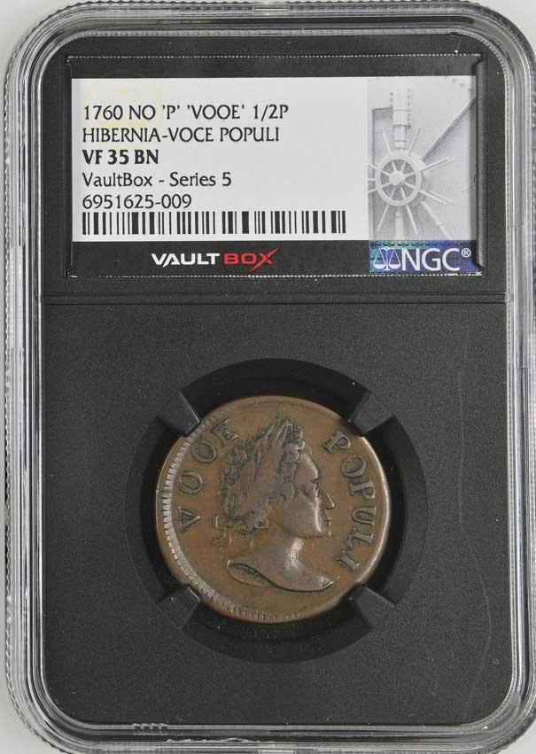 1760 No 'P' 'VOOE' Hibernia-Voce Populi Colonial Half Pence BGC VF35BN - Series 5