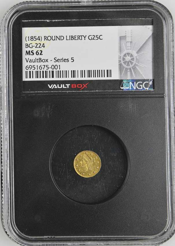 (1854) ROUND LIBERTY BG-224 25C California Fractional Gold NGC MS62 - Series 5
