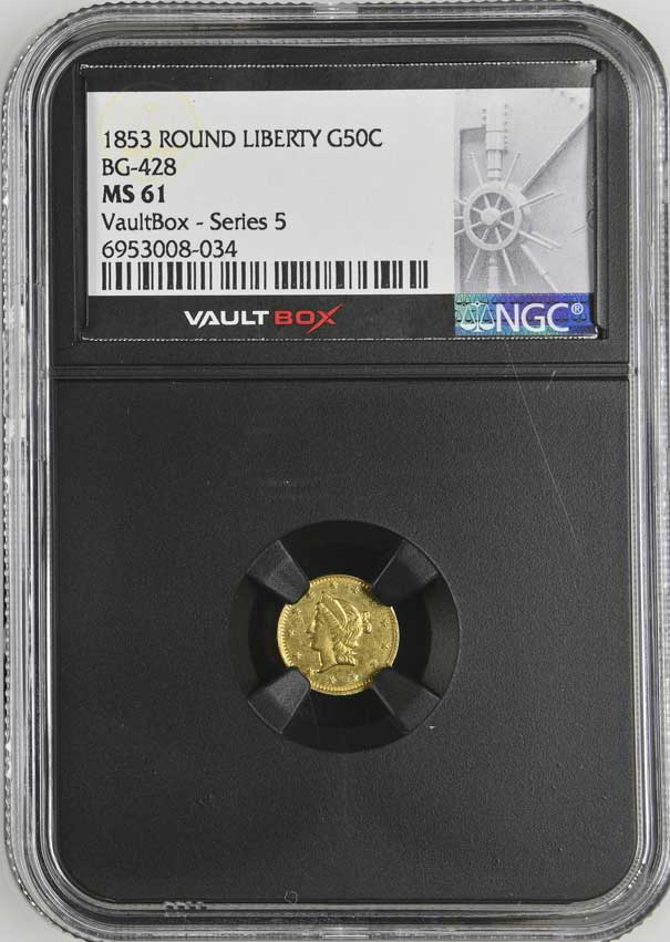 1853 ROUND LIBERTY BG-428 50C California Fractional Gold NGC MS61 - Series 5