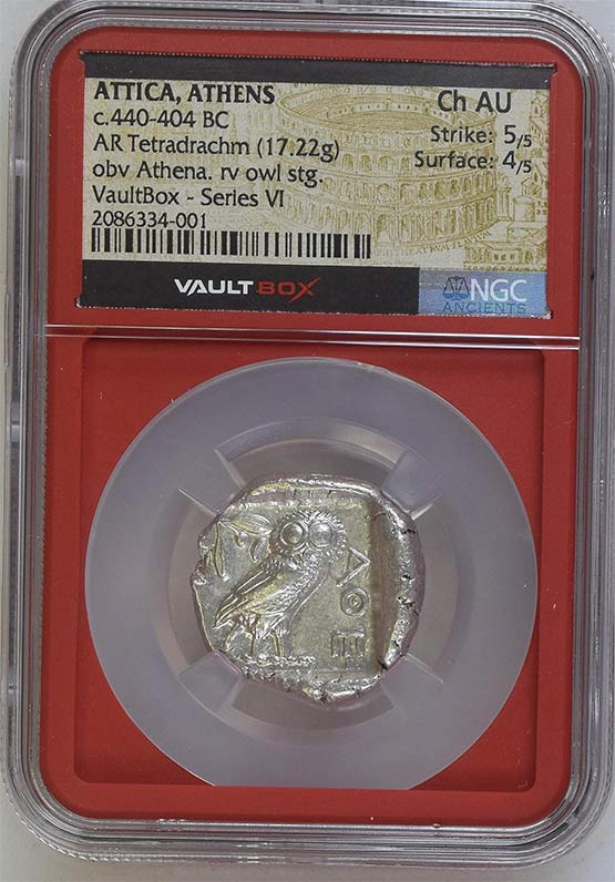 Greek c.440-404 BC Athenian Owl Silver Tetradrachm NGC Ch AU - Series VI Front