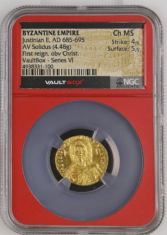 Byzantine Empire AD 685-695 Justinian II Christ Portrait Gold Solidus NGC Ch MS - Series VI Front