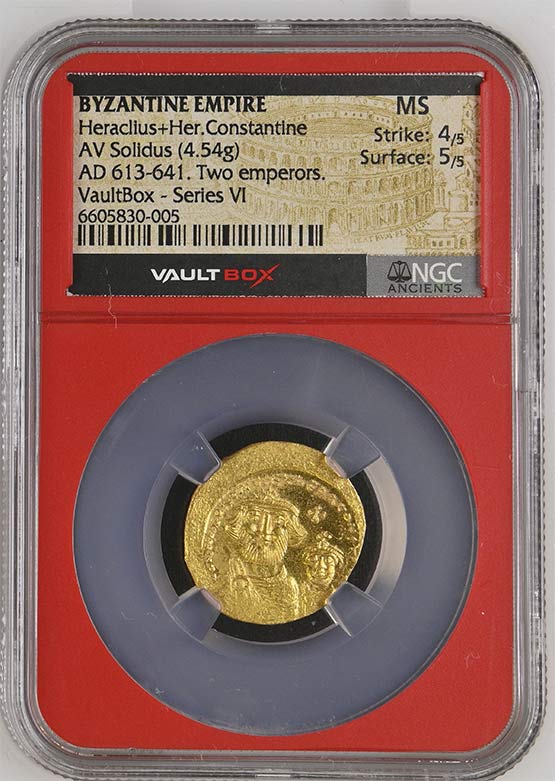 Byzantine Empire AD 613-641 Heraclius + Her Constantine Gold Solidus NGC MS - Series VI Front