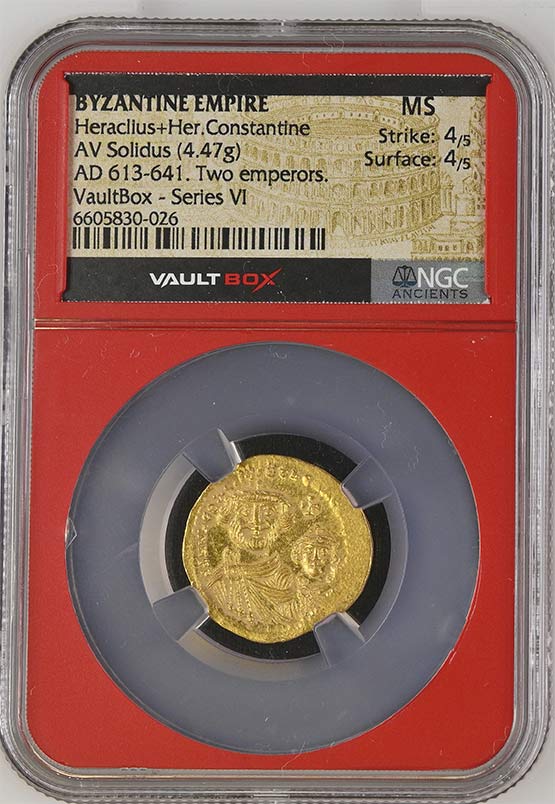 Byzantine Empire AD 613-641 Heraclius + Her Constantine Gold Solidus NGC MS - Series VI Front