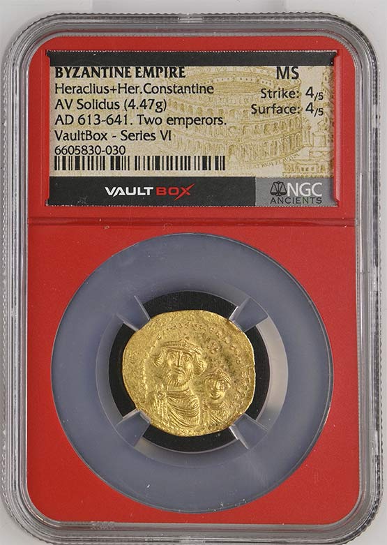 Byzantine Empire AD 613-641 Heraclius + Her Constantine Gold Solidus NGC MS - Series VI Front