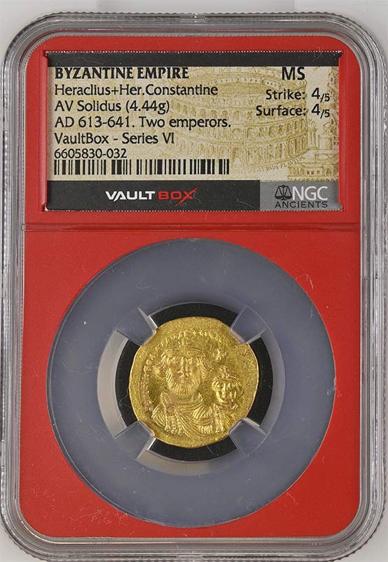 Byzantine Empire AD 613-641 Heraclius + Her Constantine Gold Solidus NGC MS - Series VI Front