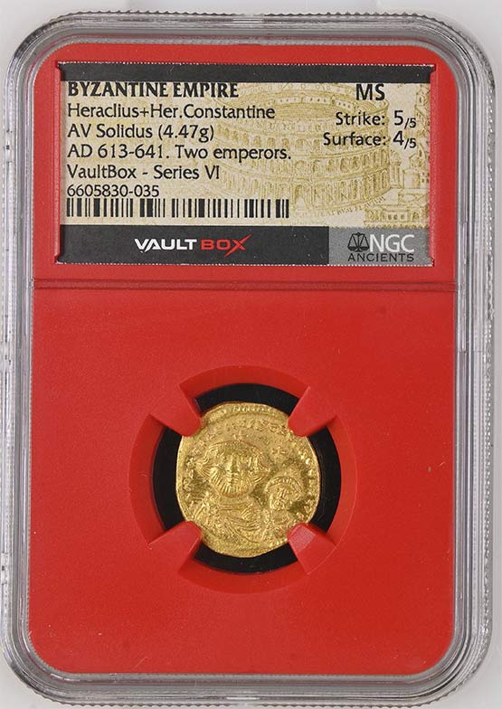 Byzantine Empire AD 613-641 Heraclius + Her Constantine Gold Solidus NGC MS - Series VI Front