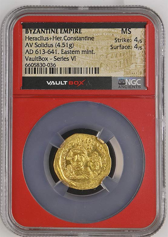 Byzantine Empire AD 613-641 Heraclius + Her Constantine Gold Solidus NGC MS - Series VI Front