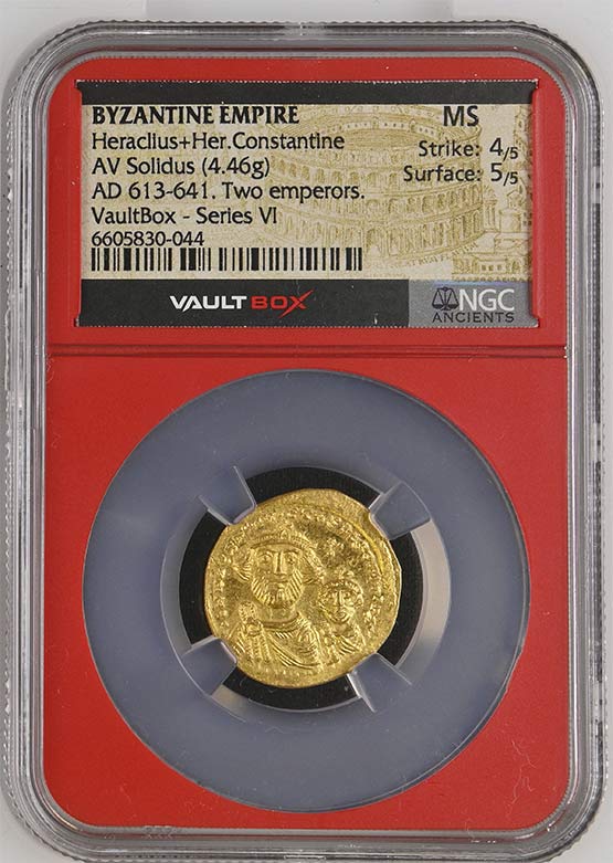 Byzantine Empire AD 613-641 Heraclius + Her Constantine Gold Solidus NGC MS - Series VI Front