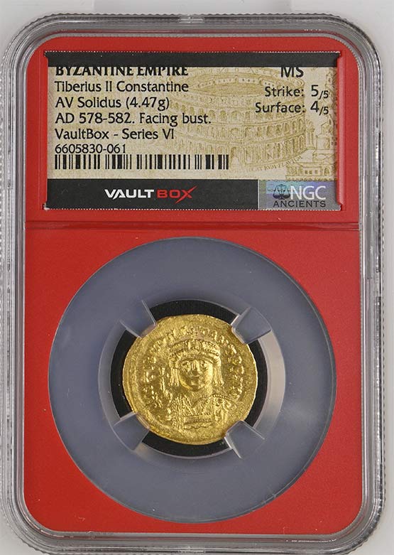 Byzantine Empire AD 578-582 Tiberius II Constantine Gold Solidus NGC MS - Series VI Front
