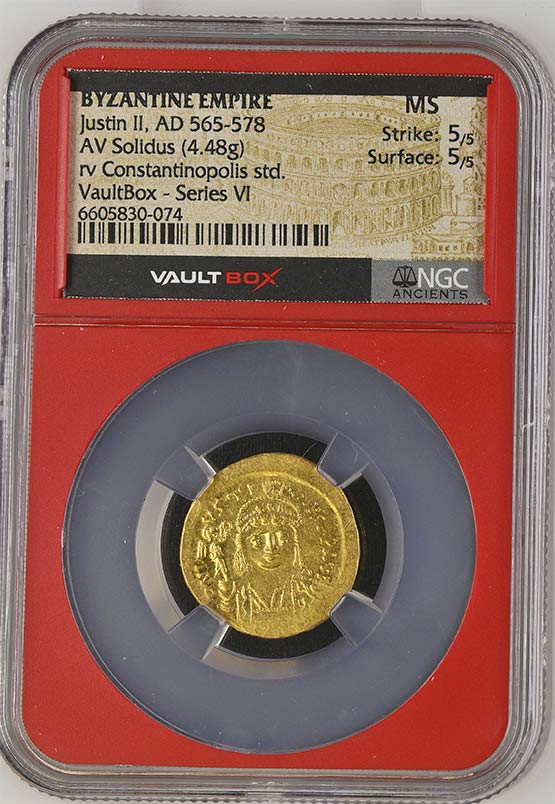 Byzantine Empire AD 565-578 Justin II Gold Solidus NGC MS - Series VI Front