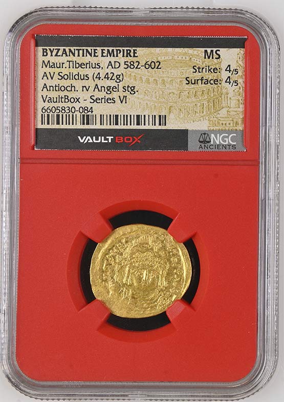 Byzantine Empire AD 582-602 Maur Tiberius Gold Solidus NGC MS - Series VI Front