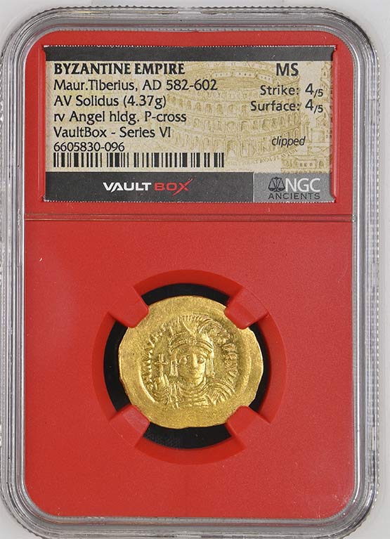 Byzantine Empire AD 582-602 Maur Tiberius Gold Solidus NGC MS - Series VI Front
