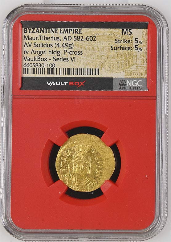 Byzantine Empire AD 582-602 Maur Tiberius Gold Solidus NGC MS - Series VI Front