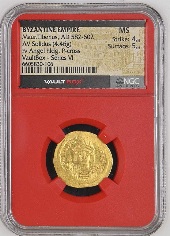 Byzantine Empire AD 582-602 Maur Tiberius Gold Solidus NGC MS - Series VI Front
