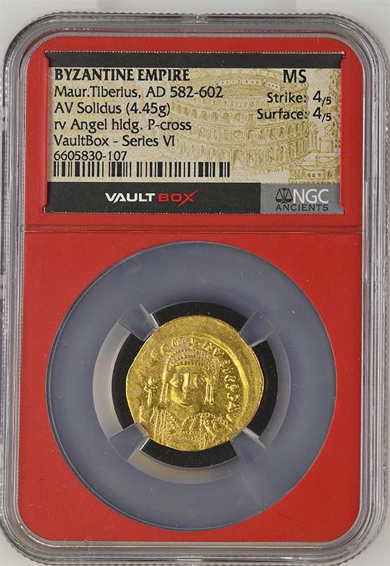 Byzantine Empire AD 582-602 Maur Tiberius Gold Solidus NGC MS - Series VI Front