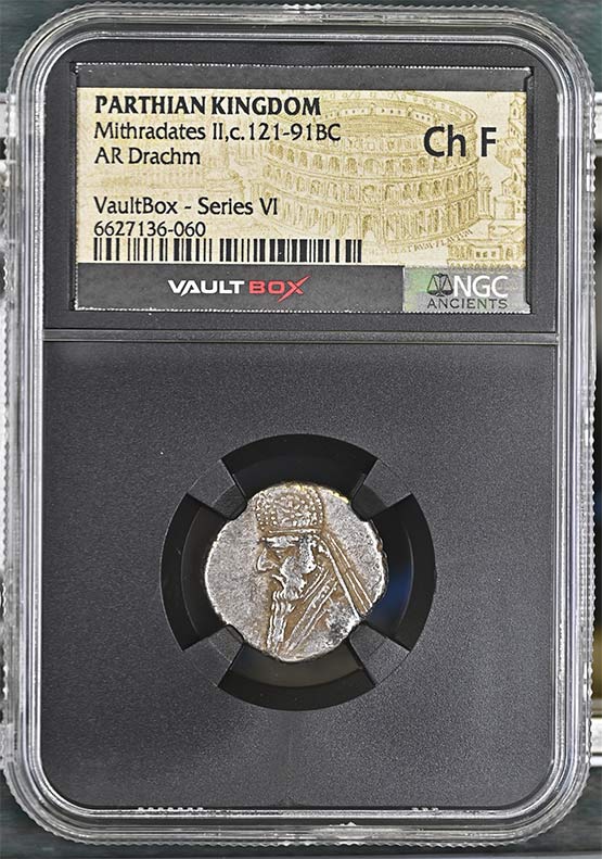 Parthian Kingdom c.121-91BC Mithradates II Silver Drachm NGC Ch Fine - Series VI Front