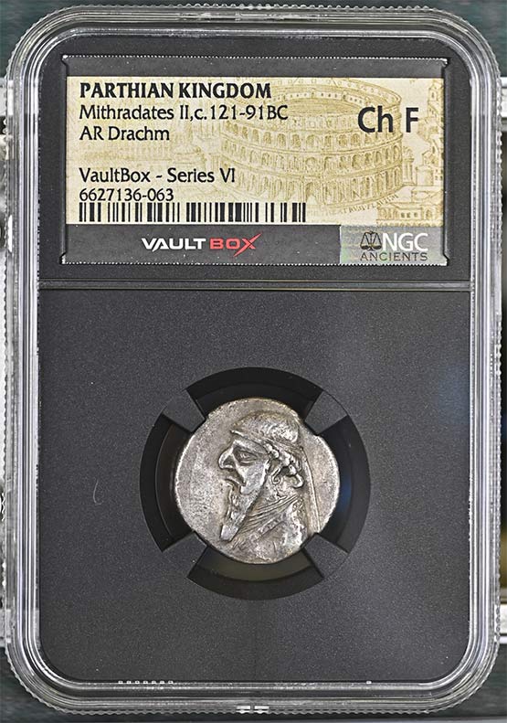 Parthian Kingdom c.121-91BC Mithradates II Silver Drachm NGC Ch Fine - Series VI Front