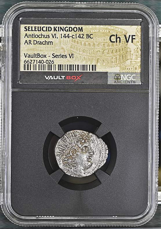 Greek Seleucid Kingdom 144-c142 BC Antiochus VI Dionysus Silver Drachm NGC Ch VF - Series VI Front