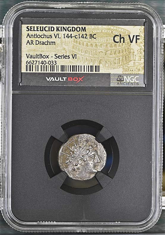 Greek Seleucid Kingdom 144-c142 BC Antiochus VI Dionysus Silver Drachm NGC Ch VF - Series VI Front