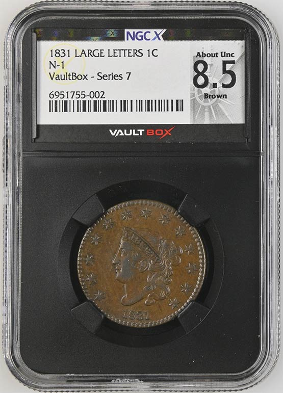 1831 Large Letters Coronet Head Cent NGCX About Uncirculated 8.5 Brown Front