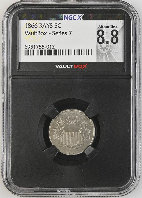 1866 Rays Shield Nickel NGCX About Uncirculated 8.8 Front
