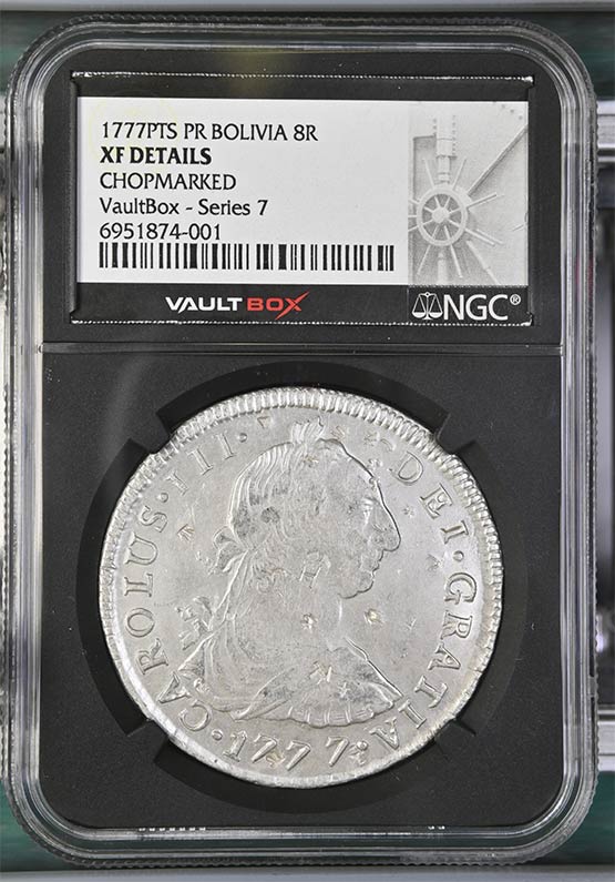 1777PTS PR Bolivia 8 Reales NGC XF Details Chopmarked Front