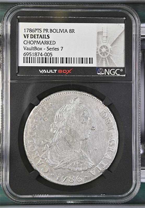 1786PTS PR Bolivia 8 Reales NGC VF Details Chopmarked Front