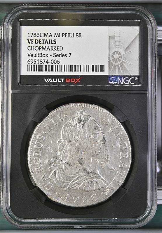 1786Lima MI Peru 8 Reales NGC VF Details Chopmarked Front