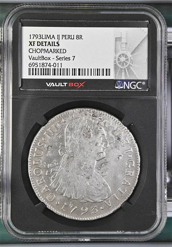 1793Lima IJ Peru 8 Reales NGC XF Details Chopmarked Front