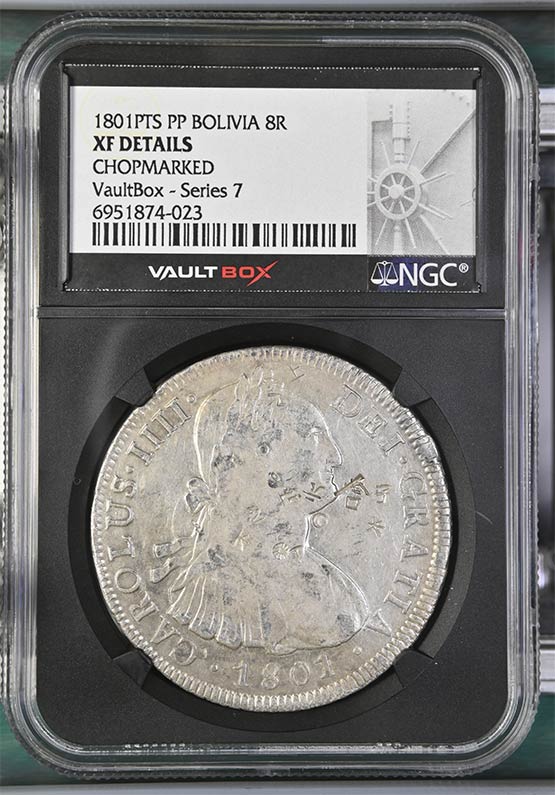 1801PTS PP Bolivia 8 Reales NGC XF Details Chopmarked Front