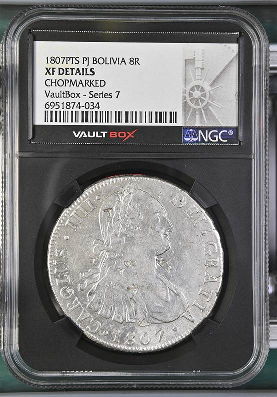 1807PTS PJ Bolivia 8 Reales NGC XF Details Chopmarked Front