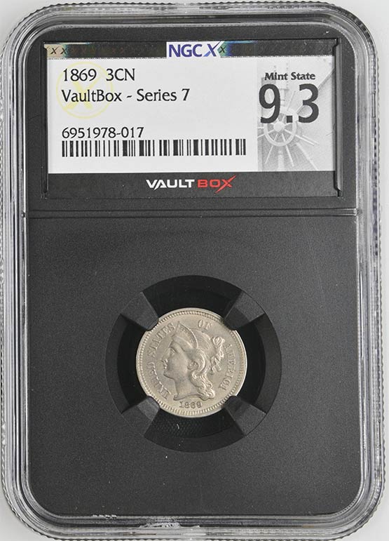 1869 Three Cent Nickel NGCX Mint State 9.3 Front