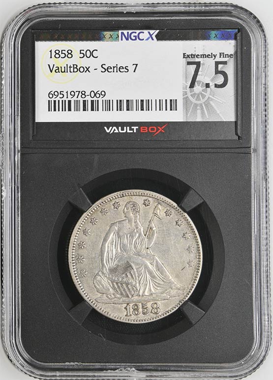 1858 Liberty Seated Half Dollar NGCX Extremely Fine 7.5 Front