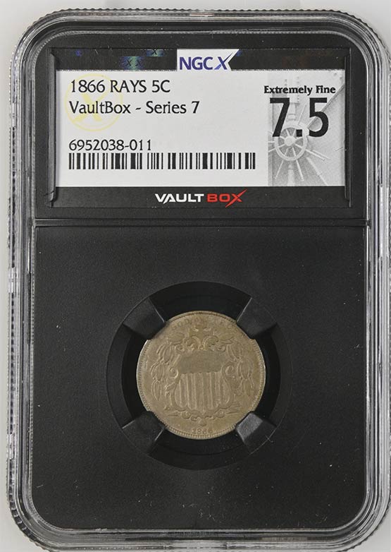 1866 Rays Shield Nickel NGCX Extremely Fine 7.5 Front