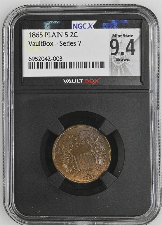 1865 Plain 5 Two Cent Piece NGCX Mint State 9.4 Brown Front