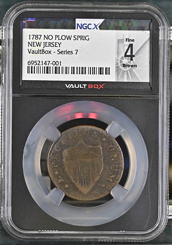 1787 No Plow Sprig New Jersey Colonial NGCX Fine 4 Brown Front