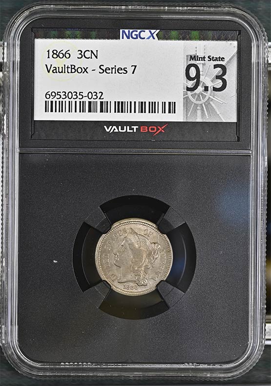 1866 Three Cent Nickel NGCX Mint State 9.3 Front