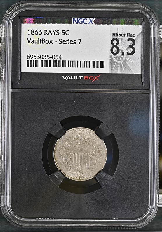 1866 Rays Shield Nickel NGCX About Uncirculated 8.3 Front